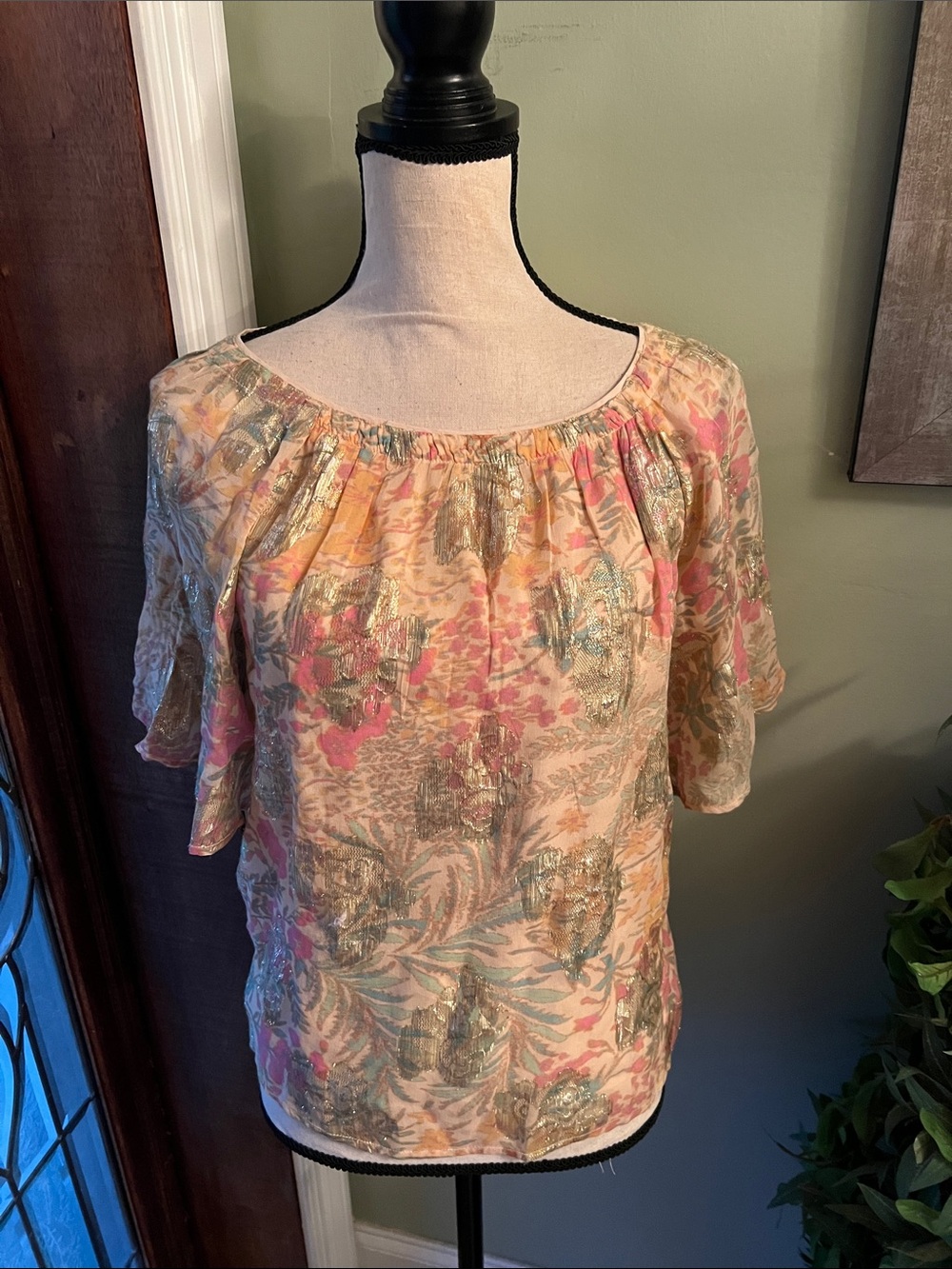 LOFT Pink Floral Metallic Scoop Neck Blouse